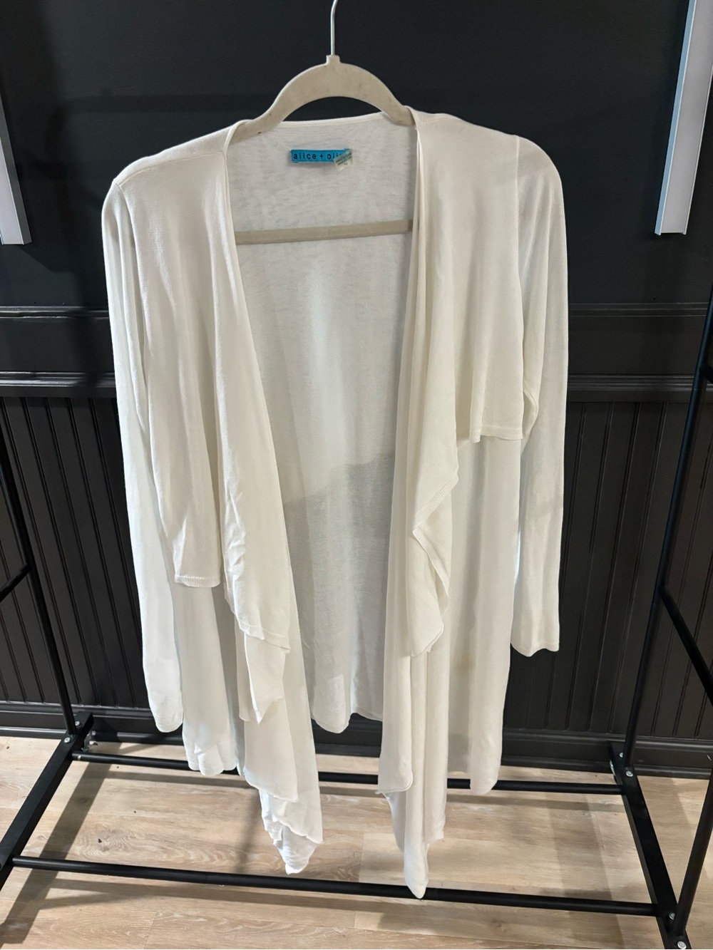 Alice + Olivia white open-front drape asymmetrical cardigan.